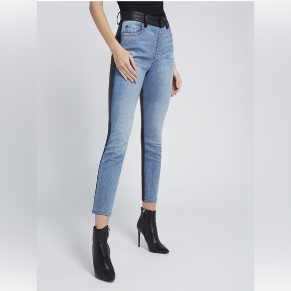 Alice + Olivia Denim - Alice + Olivia Good Exposed High Rise two tone jeans with black leather trim